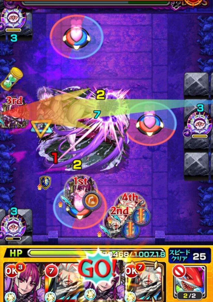 ボスステージ1の4手目で、防御アップ状態のジジにストライクショットを使用したものの、ダメージが通らなかった場面のスクリーンショット。