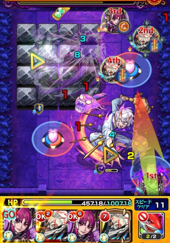 ボスステージ3の3手目で、オカルンのSSを使い赤パネルを踏んで回復しながらジジを攻撃し、撃破に成功した場面のスクリーンショット。