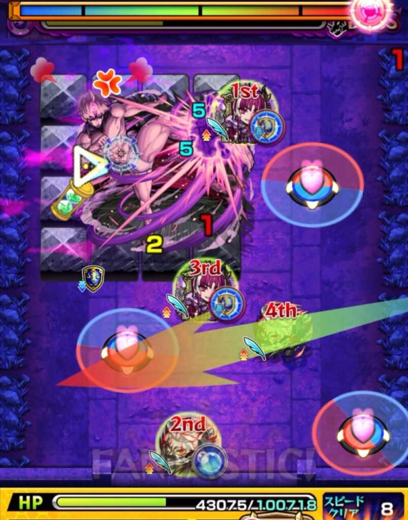 ボスステージ3の6手目で、赤パネルを踏んでHPを回復しながらボスを攻撃し、安定した立ち回りでダメージを与えた場面のスクリーンショット。