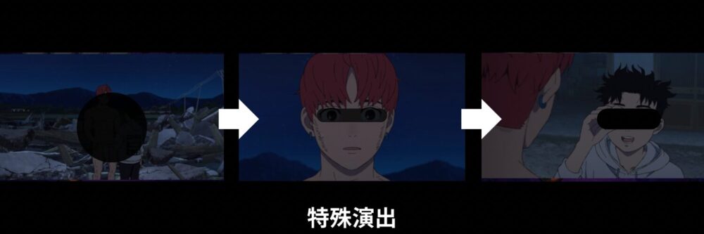 オカルンのストライクショットでボスを撃破した際に発生する特殊演出シーン。夜の瓦礫の中でキャラクターが対話し、戦いの余韻を感じさせるエンディング演出が流れる。