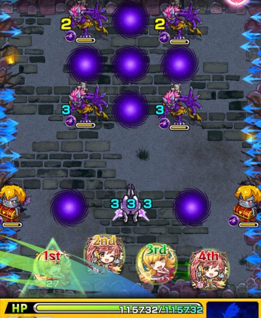 ステージ1:友情と直殴りで天使を処理し、魔導書を出現させる動き。後続の立ち回りに備える初手の場面