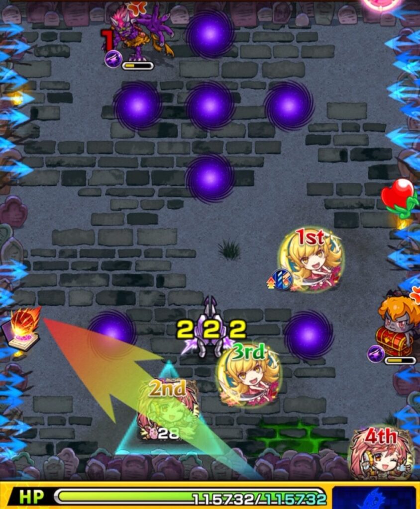 ステージ1の2手目:鬼の攻撃ターンが1のため、魔導書を取得して気絶させ、殴りと友情で攻撃する場面
