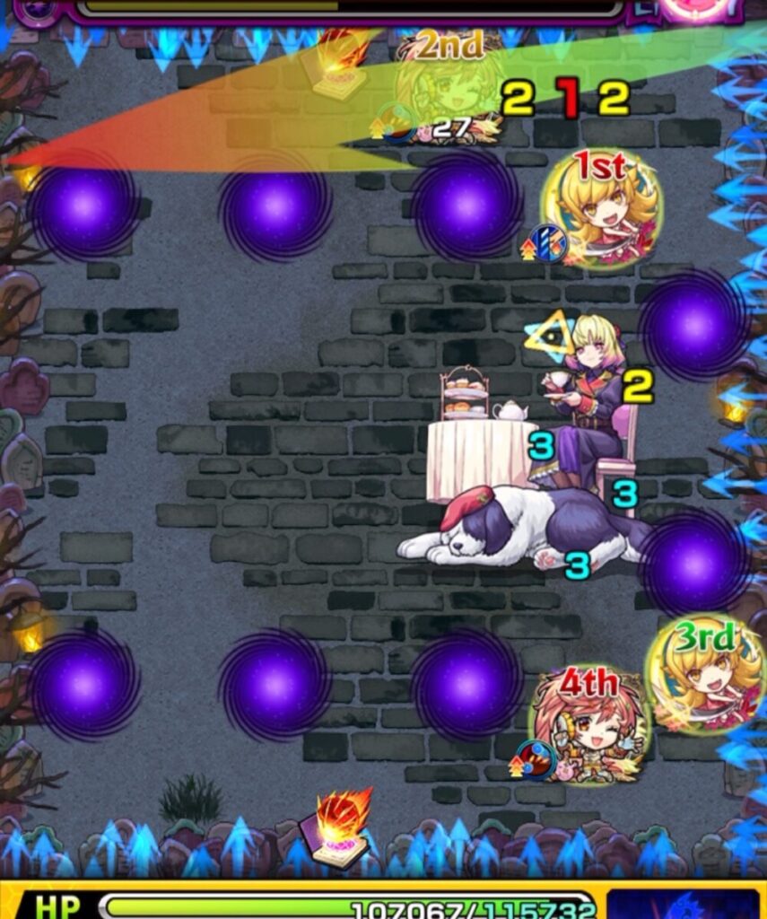 ステージ3の2手目:魔導書を取得して中ボスを気絶させ、友情と直殴りでダメージを与えステージ3を突破した場面