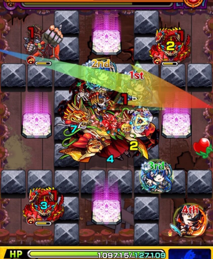 ステージ2の2手目。クシナダの弱点を攻撃しながらゼフォンの加速を拾い、スプリッツァーとガイアを同時に撃破して雑魚処理に成功したシーン。