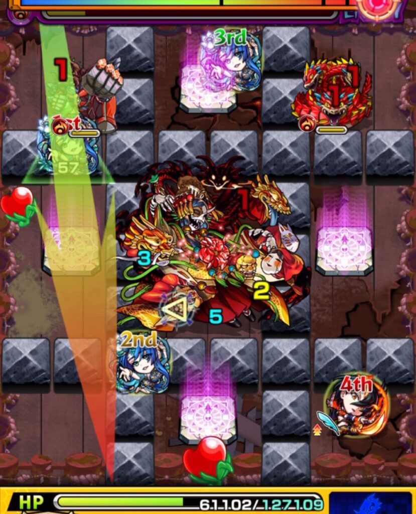 ステージ2の6手目。下壁反射でテキーラの友情と弱点を攻撃し、大ダメージを与えてステージ2を突破したシーン。
