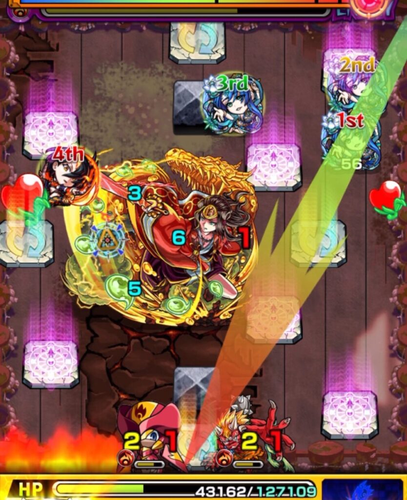 ステージ3の4手目。撃種変化パネルを2枚踏んで反射タイプに変化し、鬼とハンシャインのあいだに入り込んで同時に撃破しているシーン。