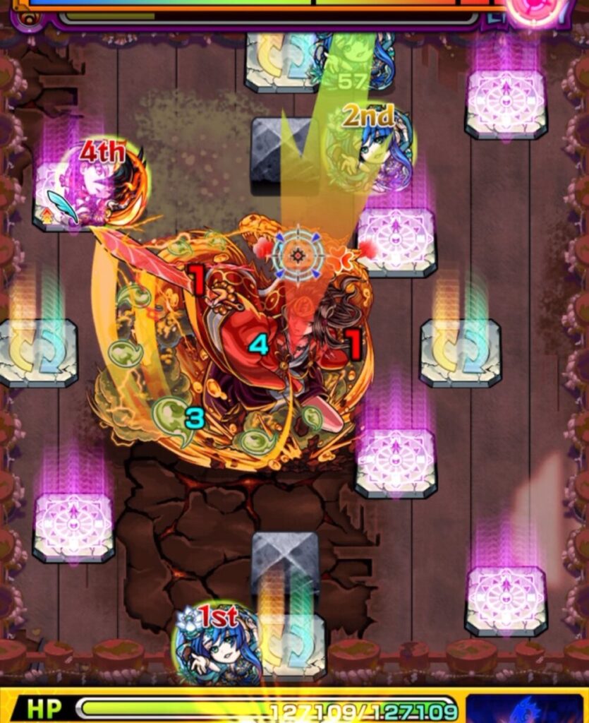 ステージ3の6手目。ヤマタケの残りHPが少ない状態で弱点を攻撃し、ダメージを与えてステージ3を突破したシーン。
