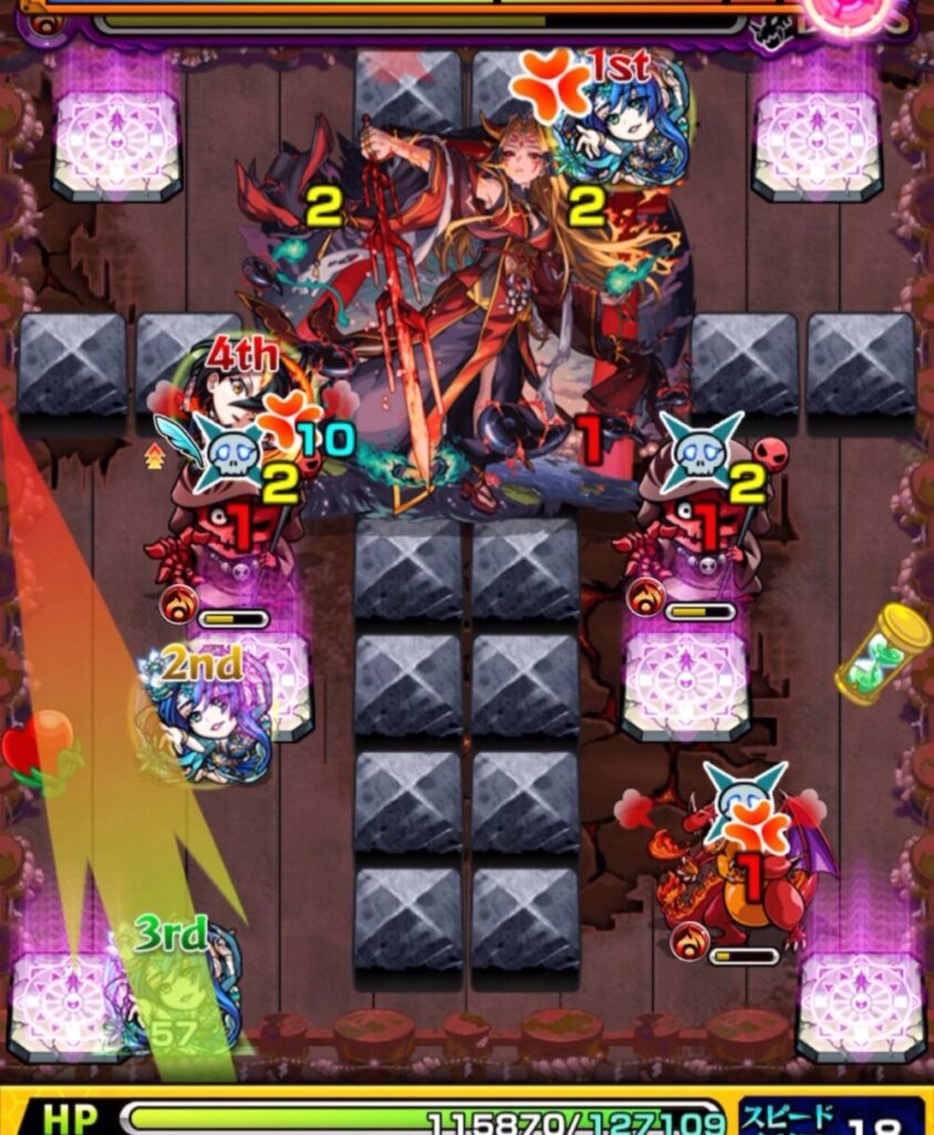 ボスステージ3の2手目。ゼフォンの加速を利用して左のゾンビと右のレチリードを同時に撃破したが、ゾンビの蘇生で両方が復活したシーン。
