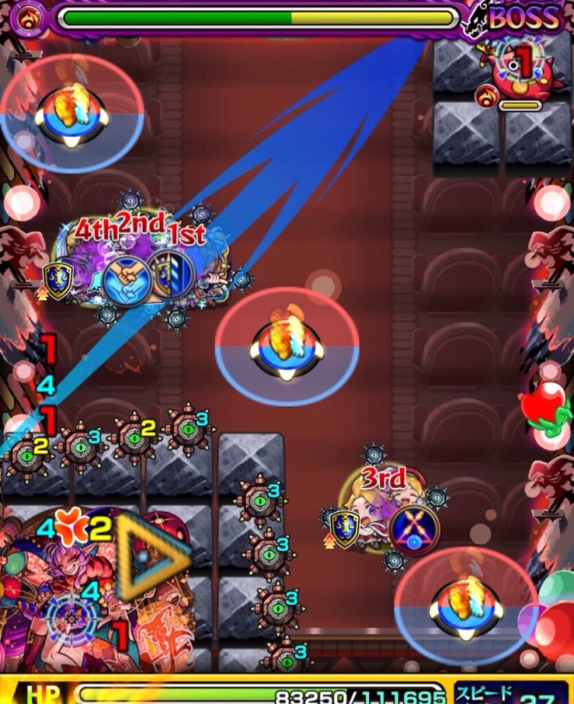 モンスト超究極・彩 グランギニョル(火属性)ボスステージ2の2手目。剣雑魚と加速パネルを経由してボスの弱点を攻撃し、大ダメージを与えてステージ2を突破した場面。