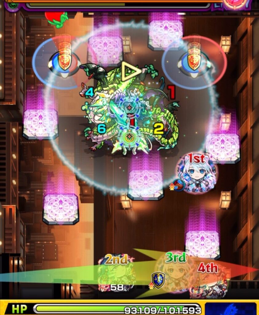 モンスト「超究極・猗窩座(宴の時間)」ステージ1の2手目。ネオがアグナムートXにふれて友情コンボを発動し、敵にダメージを与えてステージ突破に成功した瞬間のスクリーンショット。