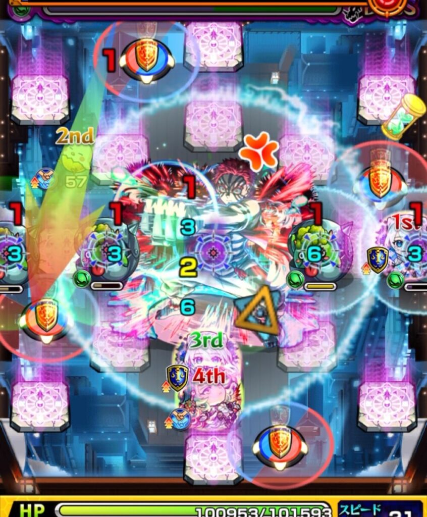 モンスト「超究極・猗窩座(宴の時間)」ボスステージ1の4手目。アグナムートXが左側のかちりんペアの間に挟まり、同時処理とひよこ状態の解除を同時に成功させた場面のスクリーンショット。
