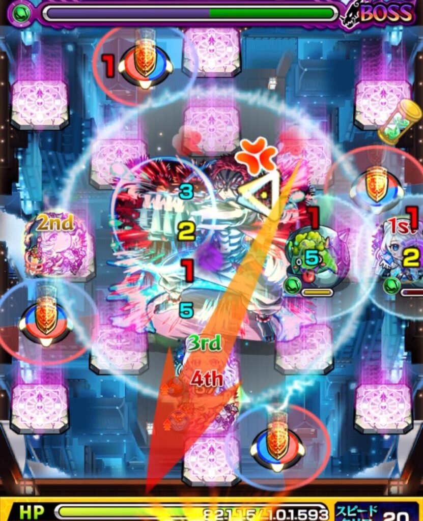 モンスト「超究極・猗窩座(宴の時間)」ボスステージ1の5手目。ネオが赤パネルを踏んで防御アップを発動し、アグナムートXにふれて友情コピーでボスの猗窩座にダメージを与える場面のスクリーンショット。