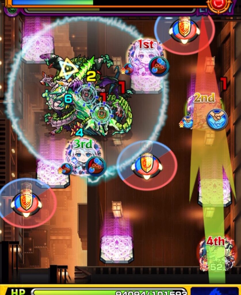 モンスト「超究極・猗窩座(宴の時間)」ステージ2の2手目。赤パネルで防御アップを発動し、味方にふれて友情コンボで雑魚敵を攻撃。アグナムートXが魔法陣を全踏みしてひよこ化を回避し、全敵を処理した場面のスクリーンショット。