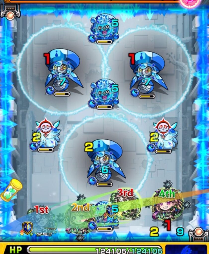 ステージ1の1手目。左上の味方にふれてトライアングルエリアを発動させる角度で弾き、防御アップを狙う。
ウミウシとぷよりんの処理を同時に行い、次ターンに備える動き。