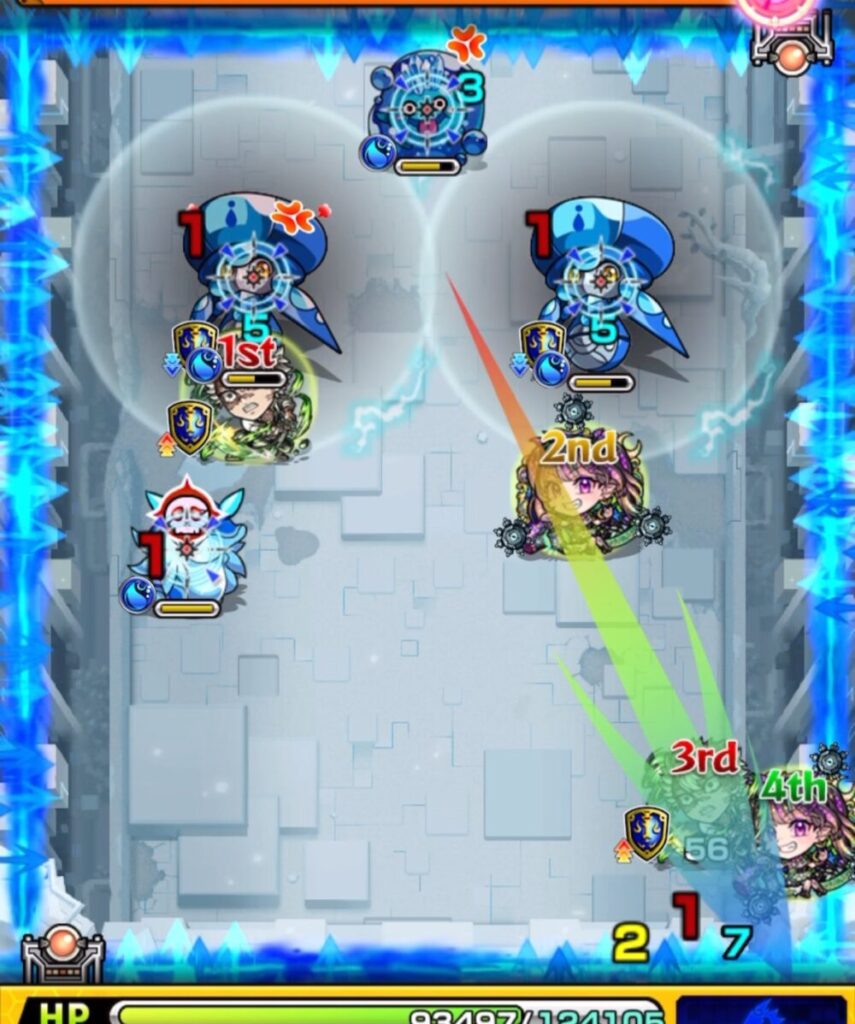 ステージ1の3手目。右下の角にふれてトライアングルエリアを発動させるルートで弾き、友情と直殴りでハンシャインの処理を狙う動き。