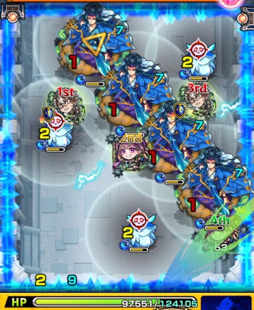 ステージ2の1手目。下壁にふれてトライアングルエリアを発動させるルートで弾き、防御アップを維持しつつウミウシ処理を狙う。