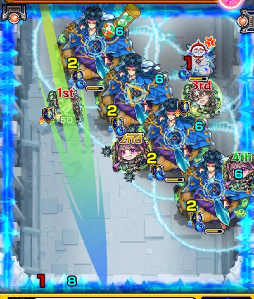 ステージ2の2手目。下段中央の壁にふれてトライアングルエリアを発動させるルートで弾き、友情と直殴りでヤマトタケルを狙う動き。