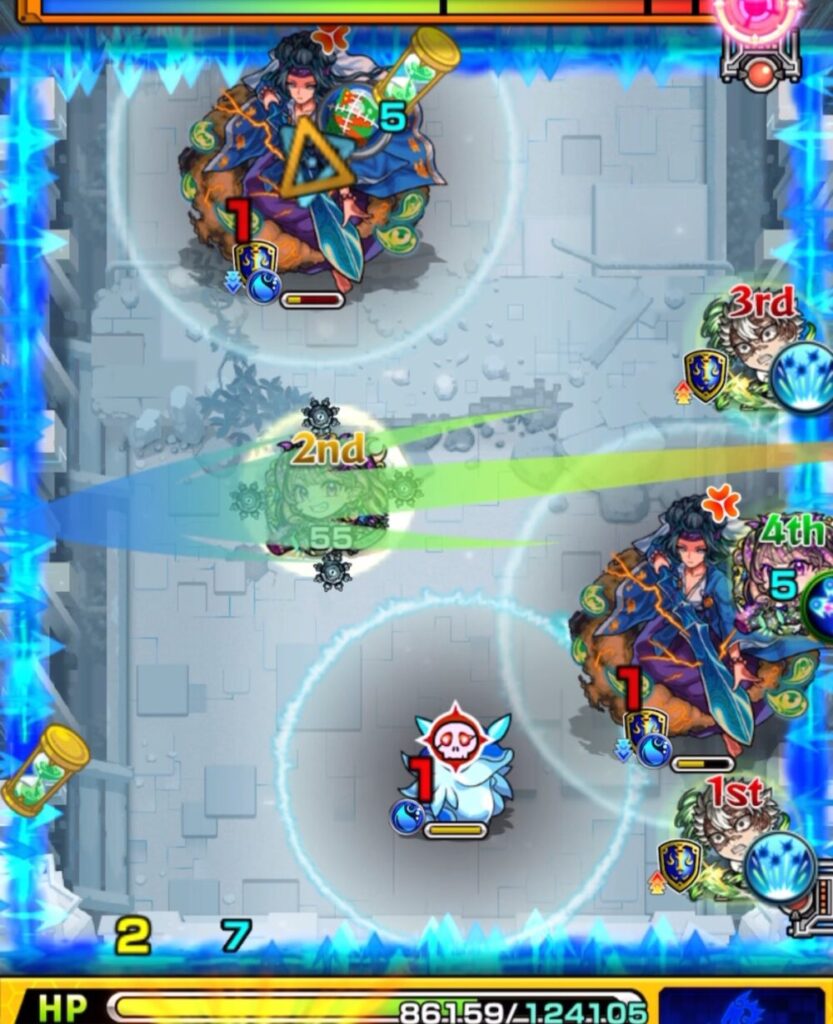 ステージ2の3手目。左側中央の壁にふれてトライアングルエリアを発動させるルートで弾き、味方全員をエリア内に入れて防御アップを狙う。