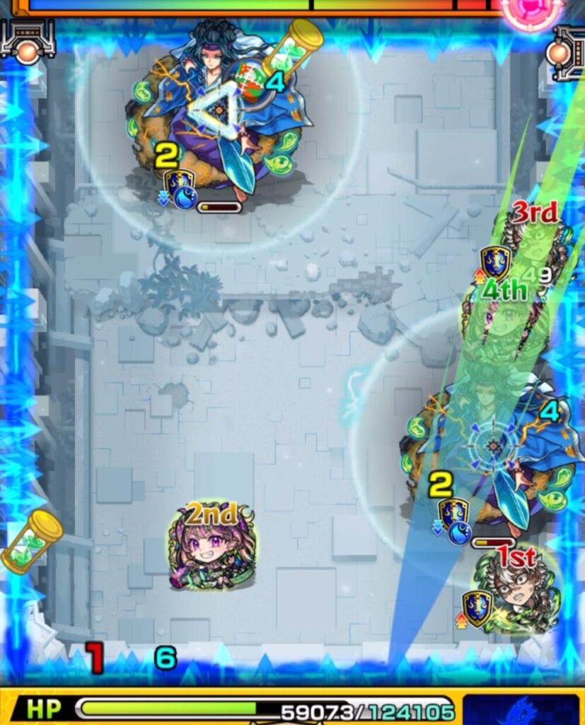 ステージ2の4手目。下壁にふれてトライアングルエリアを発動させるルートで弾き、友情と直殴りでヤマトタケル処理を狙う動き。