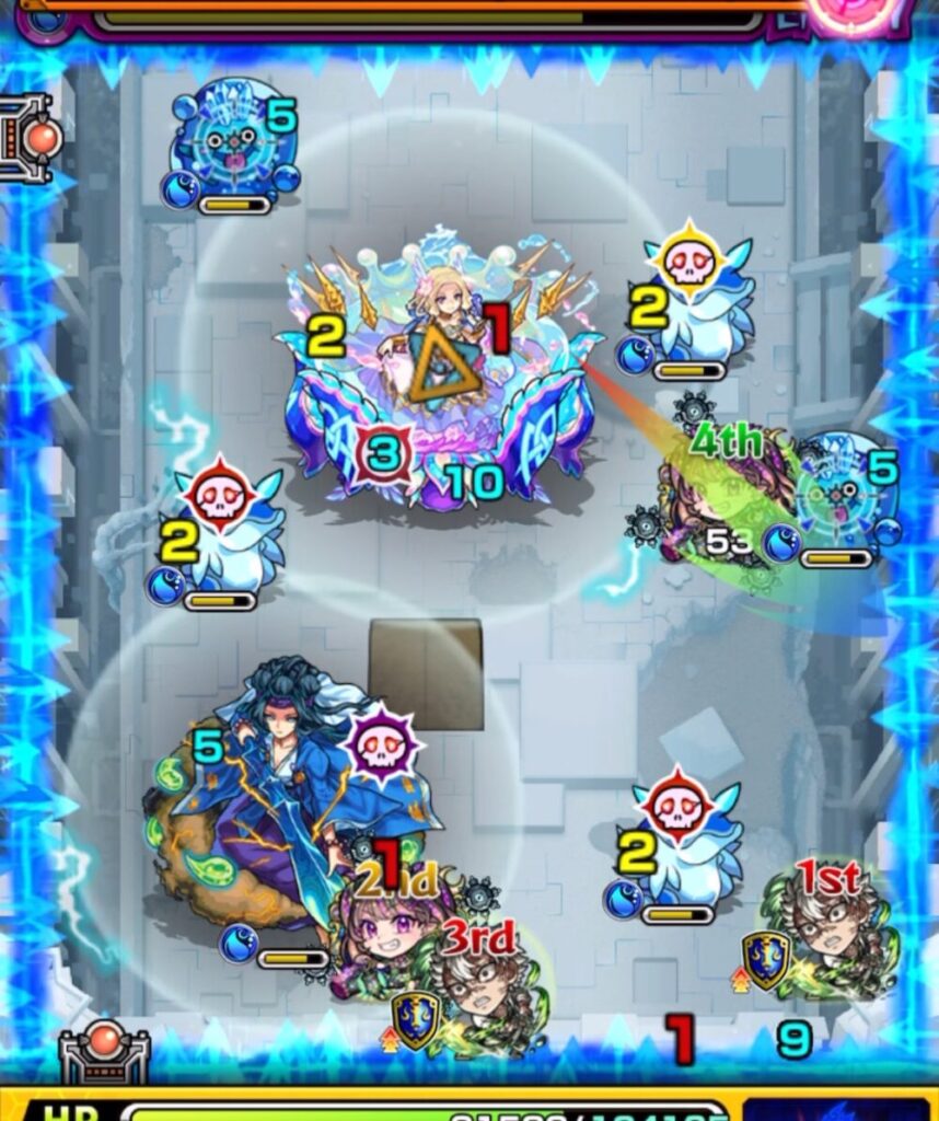 ステージ3の1手目。ぷよりんとウミウシを同時に処理しつつトライアングルエリアを発動させ、防御アップを狙うルートで弾いた場面。