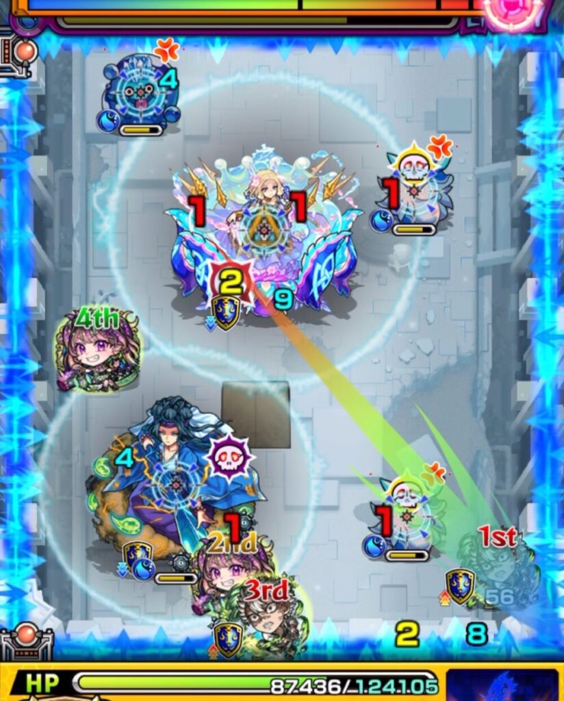 ステージ3の2手目。右下の角にふれてトライアングルエリアを発動させるルートで弾き、友情と直殴りでウミウシとぷよりんの同時処理を狙う。