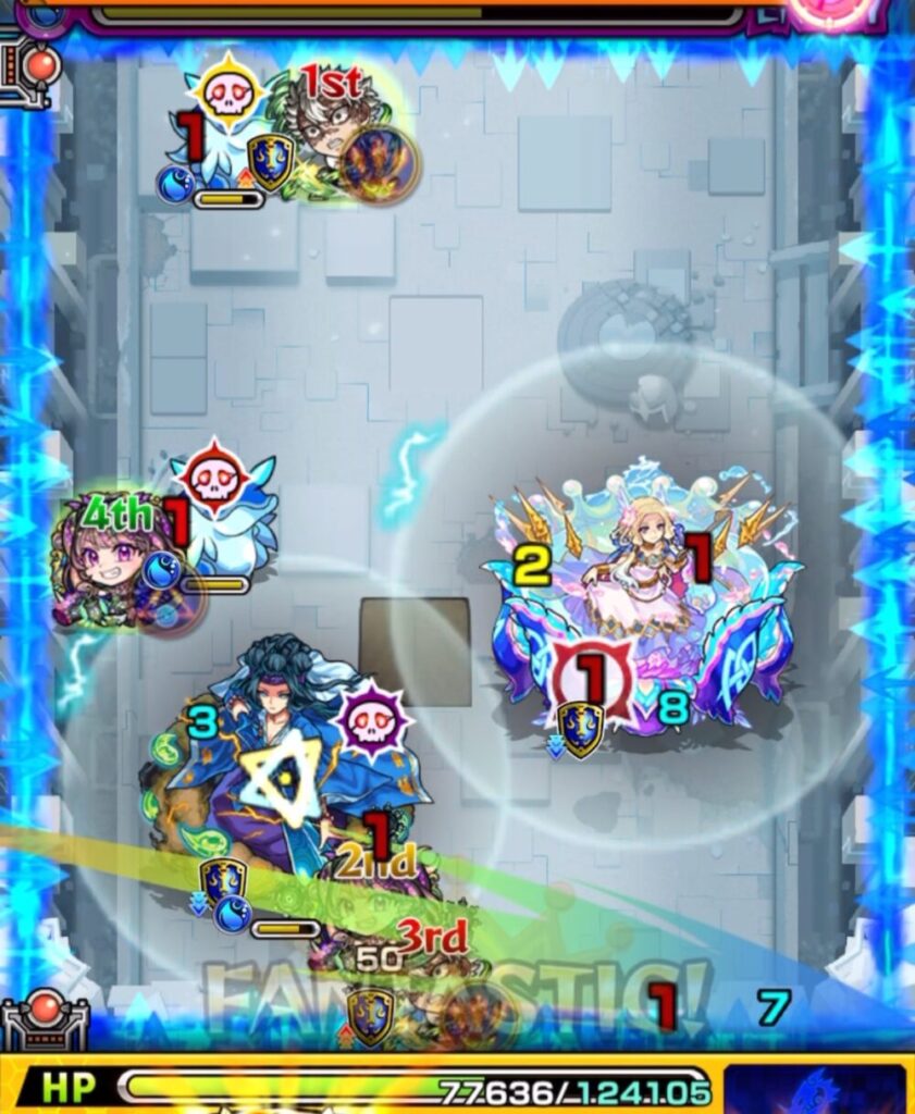 ステージ3の3手目。中ボスの強攻撃ターンが残り1のため、防御優先でトライアングルエリアを発動させるルートで弾き、味方を守る動き。