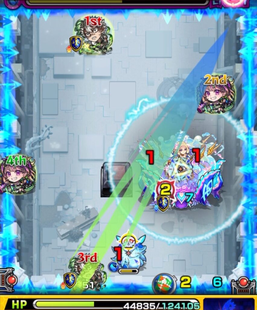 ステージ3の4手目。右下の角にふれてトライアングルエリアを発動させるルートで弾き、ナイトメアの友情と直殴りで中ボスへの攻撃を狙う動き。