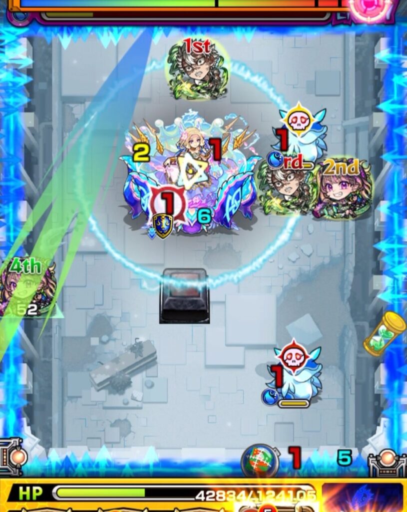 ステージ3の5手目。中ボスの強攻撃ターンが残り1のため、上壁中央にふれてトライアングルエリアを発動させるルートで弾き、中ボスへの攻撃と防御強化を狙う。