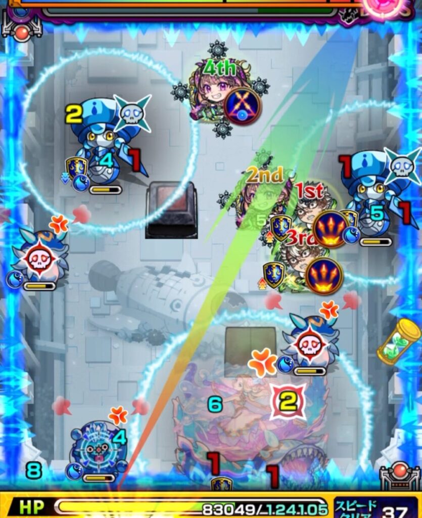 ボスステージ1の2手目。右上の角にふれてトライアングルエリアを発動させ、味方全員をエリア内に入れて防御アップを狙いつつ、右のハンシャインへの攻撃を狙う動き。