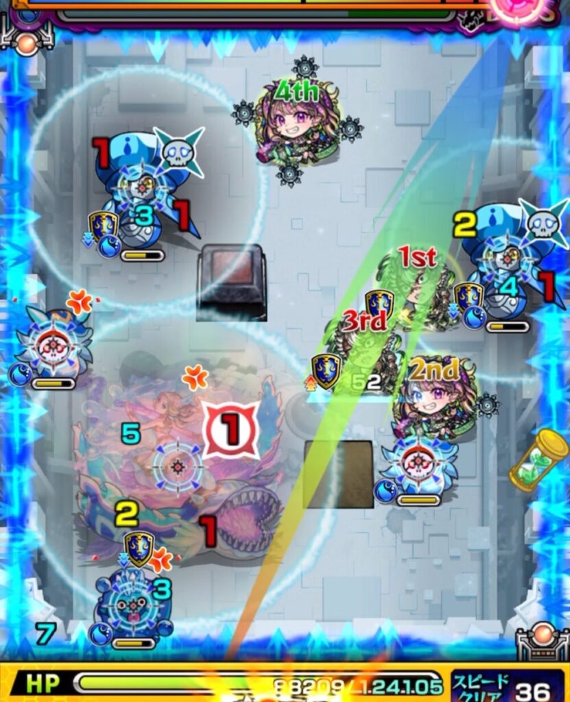 ボスステージ1の3手目。ボスと左上のハンシャインの攻撃ターンが残り1のため、防御を優先してトライアングルエリアを発動させるルートで弾き、味方をエリア内に入れながらハンシャインへの攻撃を狙う。