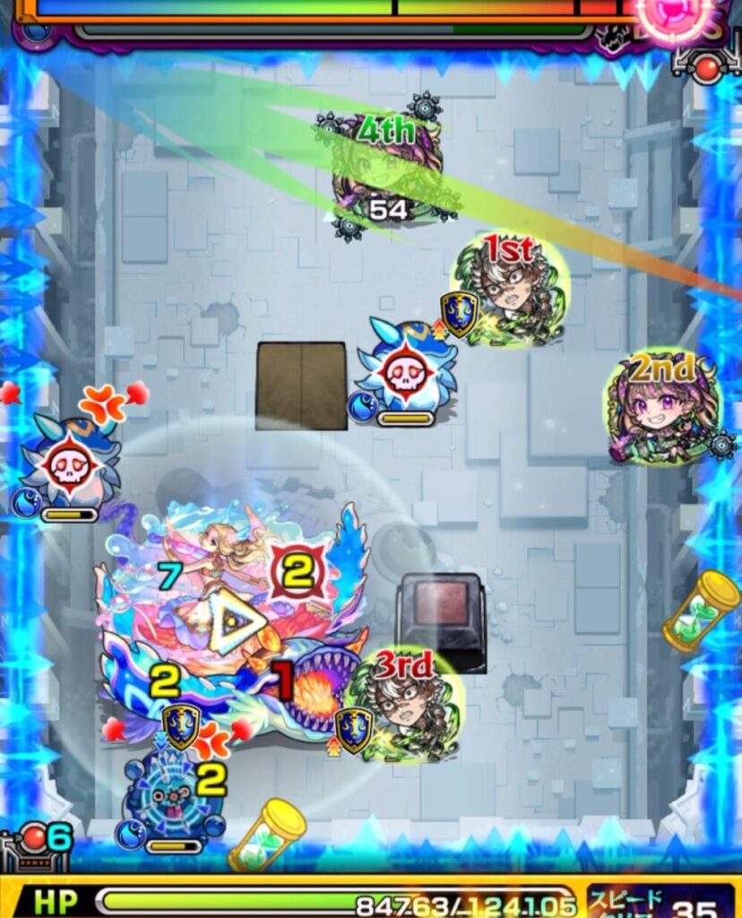 ボスステージ1の4手目。左上の角にふれてトライアングルエリアを発動させるルートで弾き、ウミウシの処理とボスの弱点攻撃を同時に狙う動き。