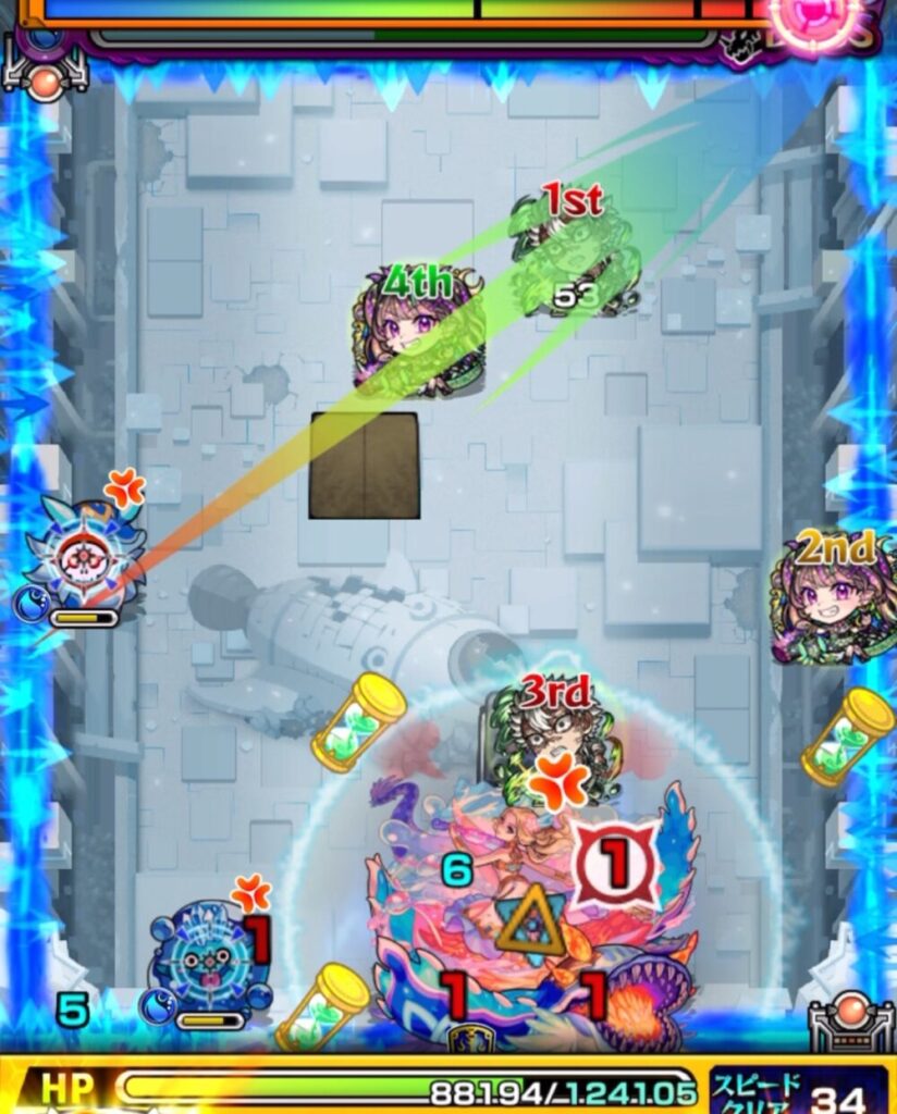 ボスステージ1の5手目。左上の角にふれてトライアングルエリアを発動させ、味方をエリア内に入れて防御アップを狙いながら、ナイトメアの友情でボスとぷよりんを同時に攻撃する動き。