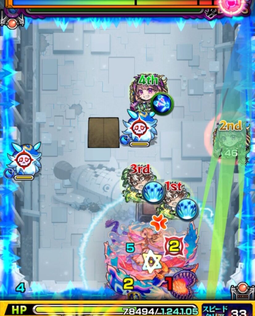 ボスステージ1の6手目。右上の角にふれてトライアングルエリアを発動させるルートで弾き、友情と直殴りでボスへのフィニッシュを狙う動き。