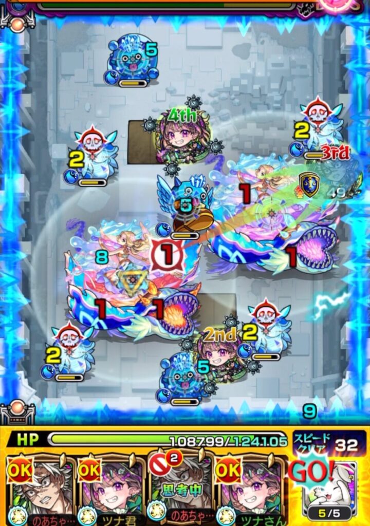 ボスステージ2の1手目。ボスの強攻撃ターンが残り1のため、守護獣「パック」を発動し、敵の行動を遅延。トライアングルエリアを狙いつつ、ウミウシとぷよりんの処理を行う動き。