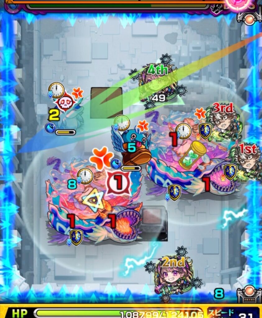 ボスステージ2の2手目。ボスの強攻撃ターンが残り1のため、防御を優先して味方をトライアングルエリアに入れるルートで弾き、ウミウシとボスの弱点を同時に攻撃する動き。