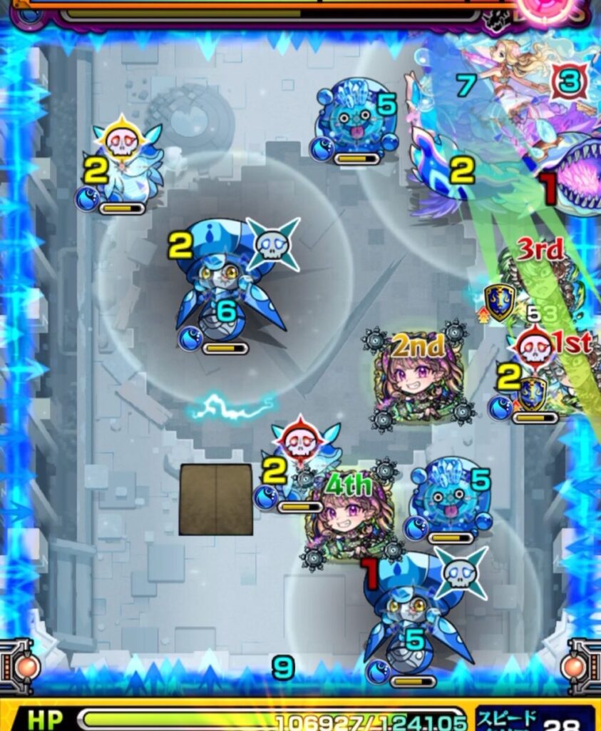 ボスステージ3の1手目。下のハンシャインの攻撃ターンが残り1のため、被ダメージを防ぐ目的で上壁を狙いトライアングルエリアを発動。ぷよりんとウミウシを経由して防御アップを狙う動き。