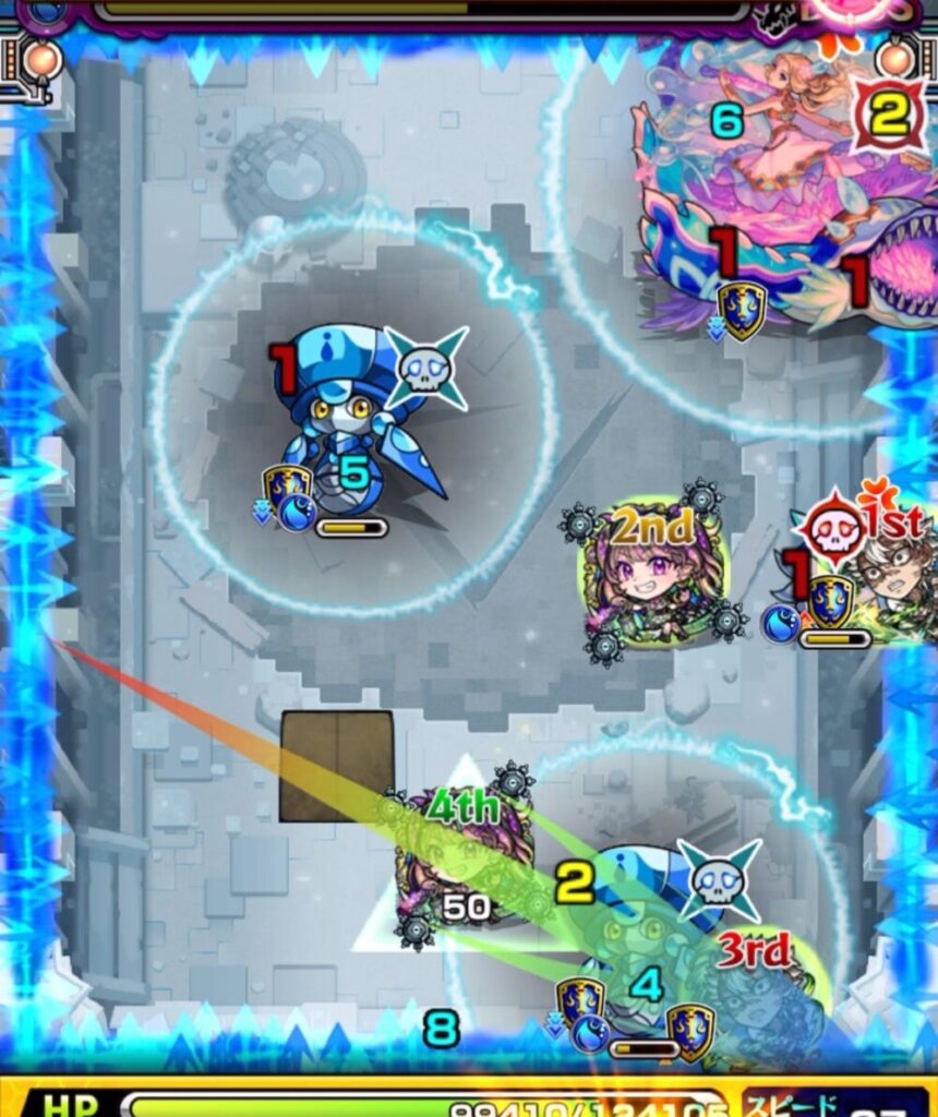 ボスステージ3の2手目。左上のハンシャインの攻撃ターンが残り1のため、右角付近を狙ってトライアングルエリアを発動させ、味方をエリア内に入れながらハンシャイン処理を狙う動き。