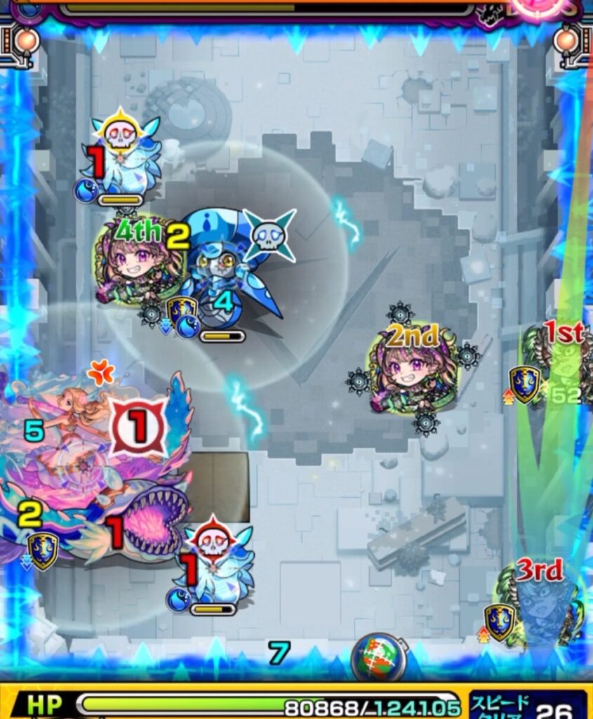 ボスステージ3の3手目。ボスの強攻撃ターンが残り1のため、防御を優先して右下を狙いトライアングルエリアを発動。味方3体をエリア内に入れ、ハンシャイン処理を狙う動き。