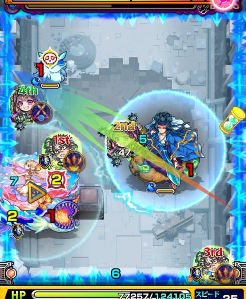 ボスステージ3の4手目。次ターンに不死川実弥のストライクショットを使用するため、ウミウシを黄色状態で処理して防御ダウンを発動させる動き。