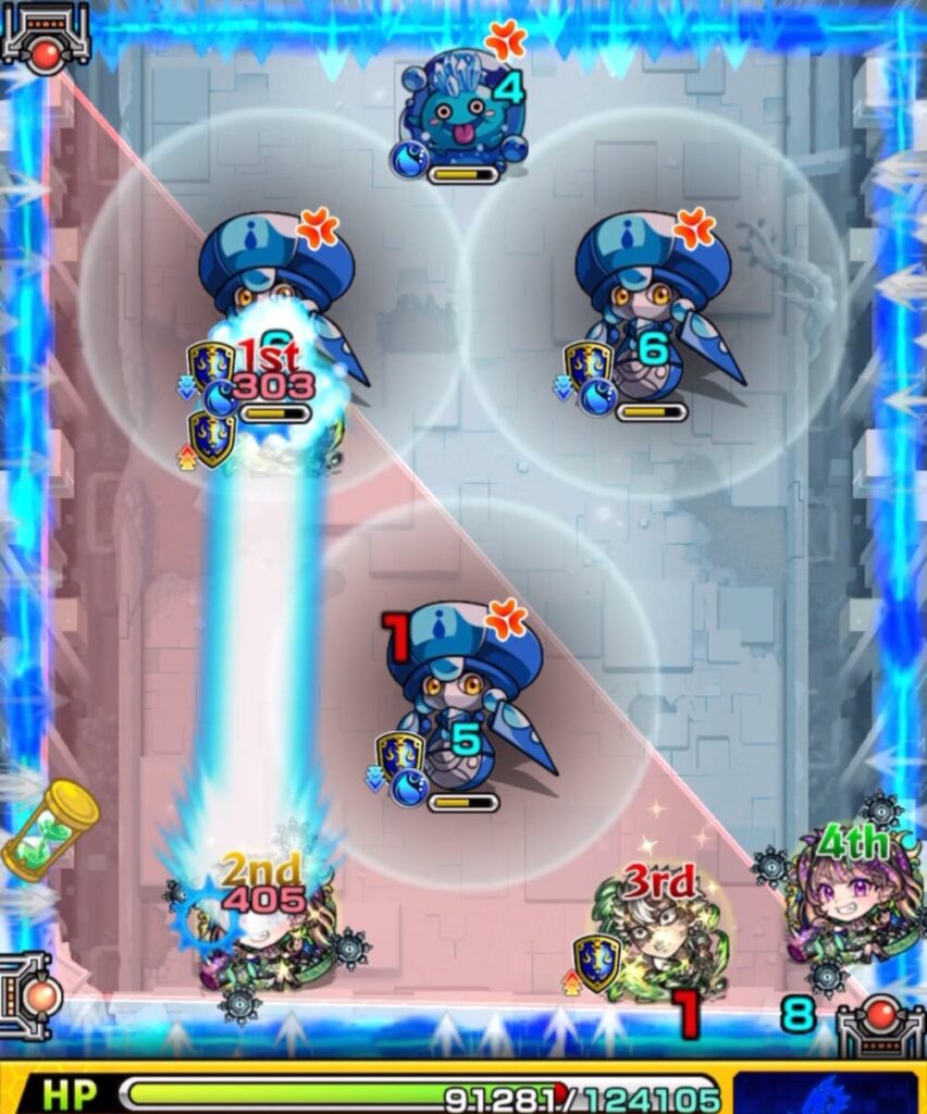 ステージ1の1手目後、トライアングルエリアが完成。
味方全体に防御アップ効果が付与され、ハンシャインの攻撃に耐えつつ、防御ダウン状態の敵を攻撃できる盤面になっている。