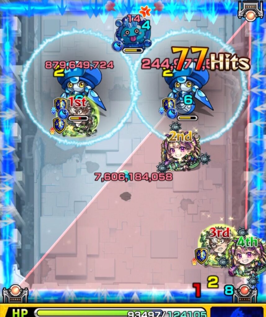 ステージ1の2手目後、トライアングルエリアが完成。
攻撃と友情威力が上昇し、下側のハンシャインを撃破。防御ダウンを活かせる位置に味方が揃い、次のターンへ理想的な流れを作っている。