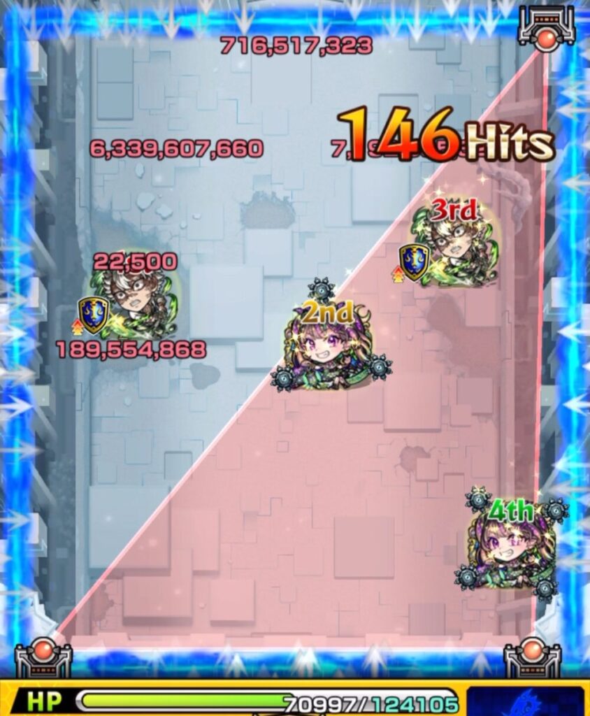 ステージ1の3手目後、トライアングルエリアが完成。
攻撃力と友情威力が上昇し、ハンシャインを撃破。さらに雑魚敵も全処理に成功し、次の攻撃に備えた理想的な状態になっている。