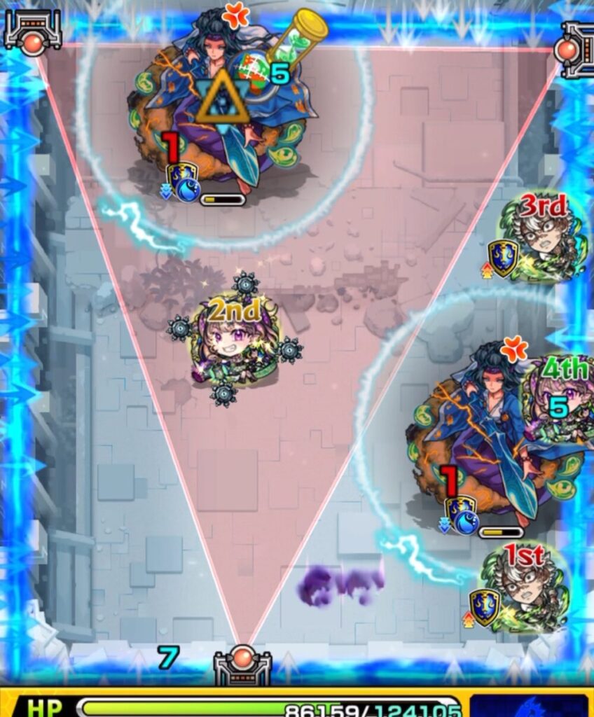 ステージ2の2手目後、トライアングルエリアが完成。
ナイトメアの友情と直殴りが重なり、ヤマトタケルを撃破。攻防バランスの取れた展開で次ターンに備える。