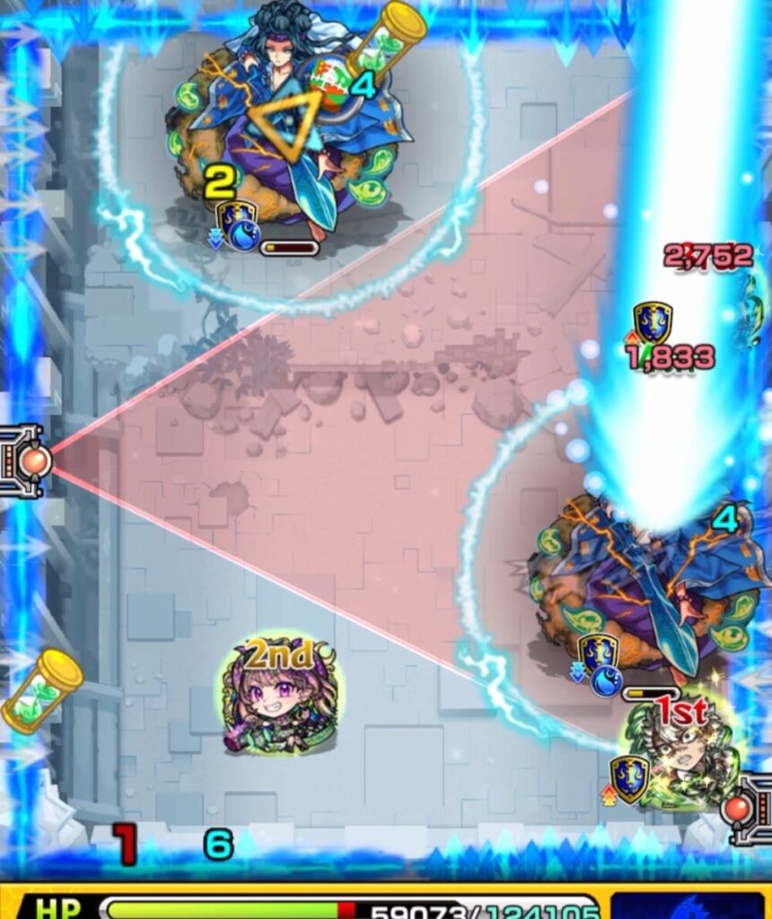 ステージ2の3手目後、トライアングルエリアが完成。
味方がエリア内に入り防御力が上昇。ヤマトタケルの攻撃に備えた安全な配置が整っている。