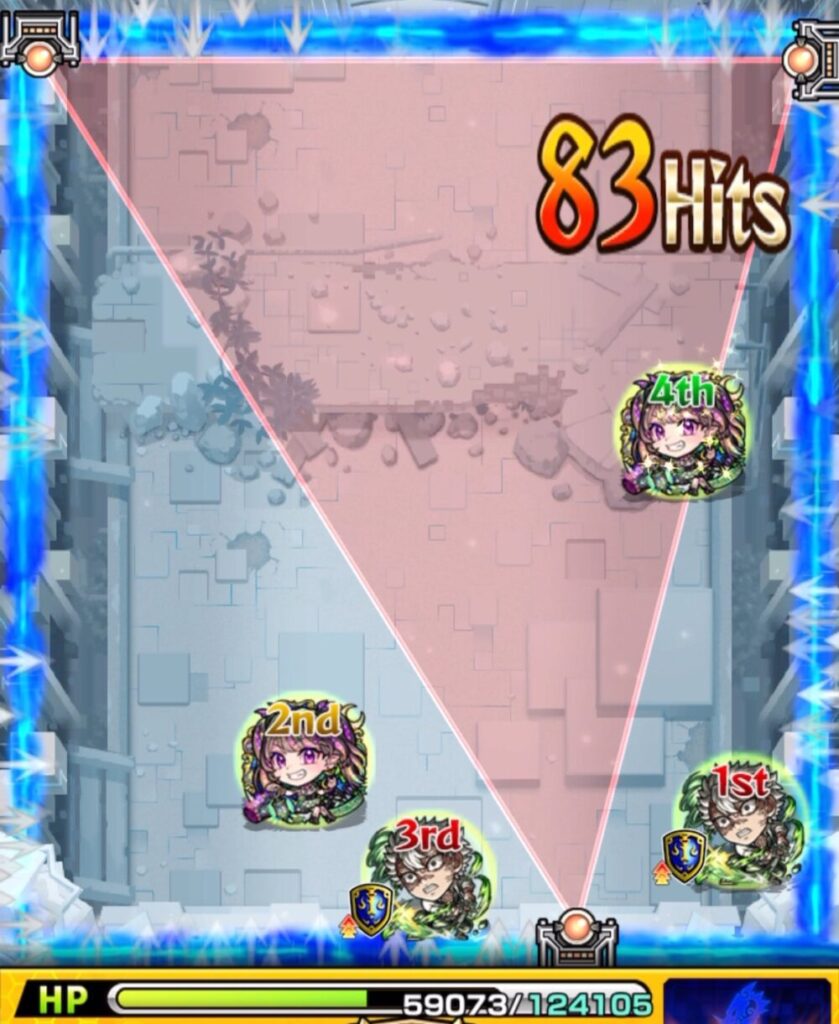 ステージ2の4手目後、トライアングルエリアが完成。
攻撃力と友情威力が上昇し、ナイトメアの火力が刺さってヤマトタケルを撃破。防御ダウン効果を活かした鮮やかな突破シーン。