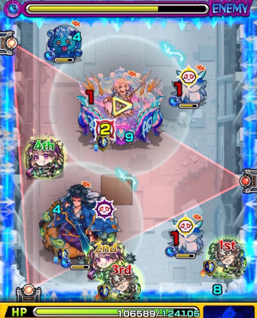 ステージ3の1手目後、トライアングルエリアが未完成。
味方のうち2体しかエリアに入らず、防御アップ効果が全体に行き届かない状態となり、次ターンの被ダメージ軽減に失敗した。