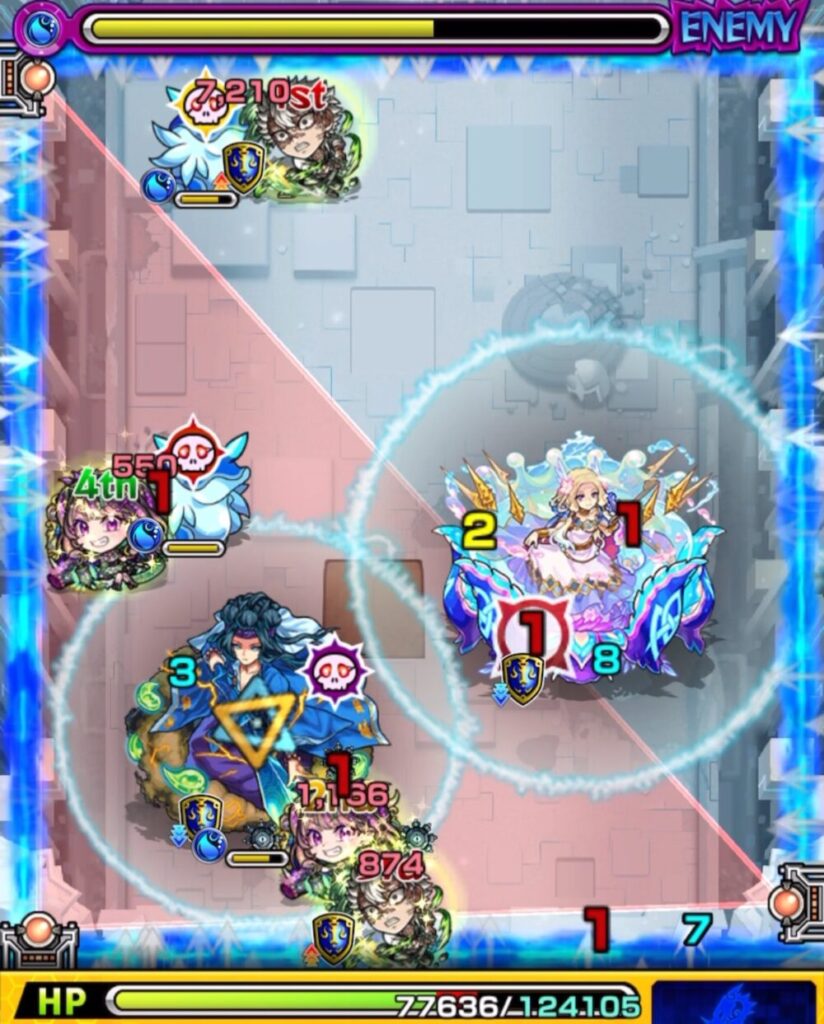 ステージ3の2手目後、トライアングルエリアが完成。
味方の防御アップが発動し、ウミウシとぷよりんの同時処理に成功。次ターンに向けて安定した盤面が整った。