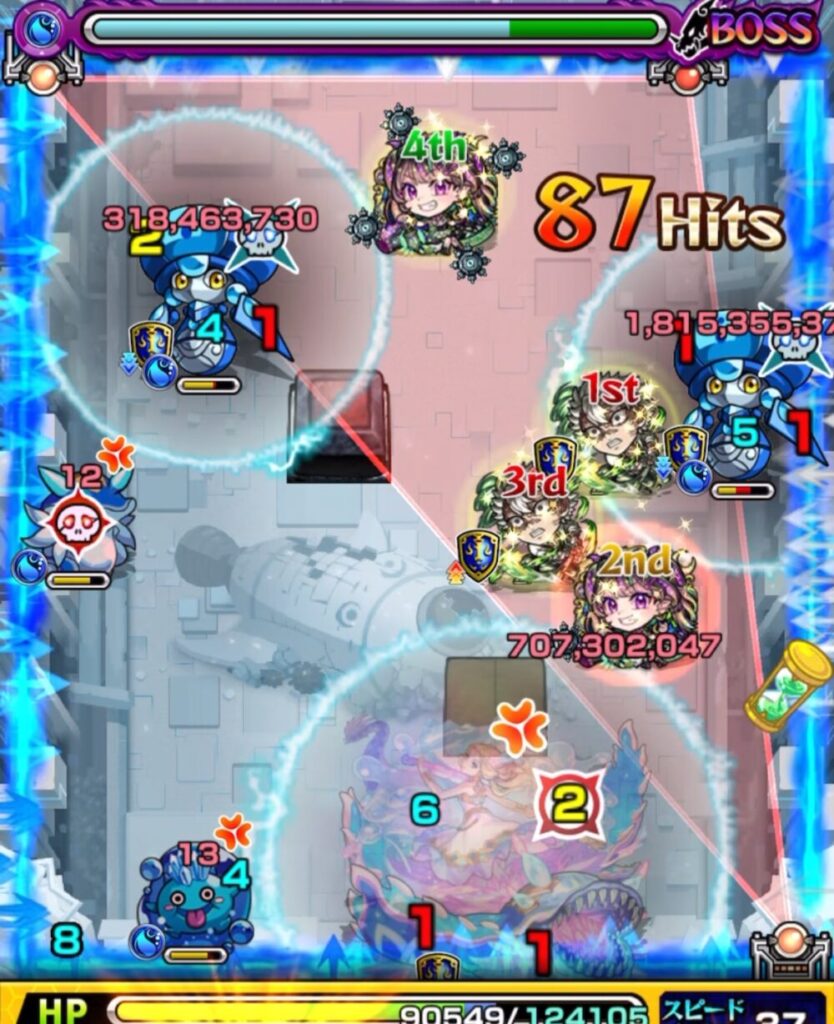 ボスステージ1の2手目後、トライアングルエリアが完成。
4体すべてがエリア内に入り防御アップが発動。ハンシャインの処理は失敗したものの、被ダメージを軽減し、黄色のウミウシを撃破して防御ダウン効果を発動させた。