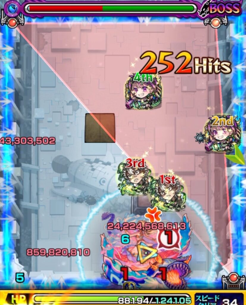 ボスステージ1の5手目後、トライアングルエリアが完成。
味方が防御アップ効果を得た状態で、ナイトメアの友情がボスに命中し、左側のぷよりんの処理にも成功。強攻撃前に被ダメージを軽減できた一手。