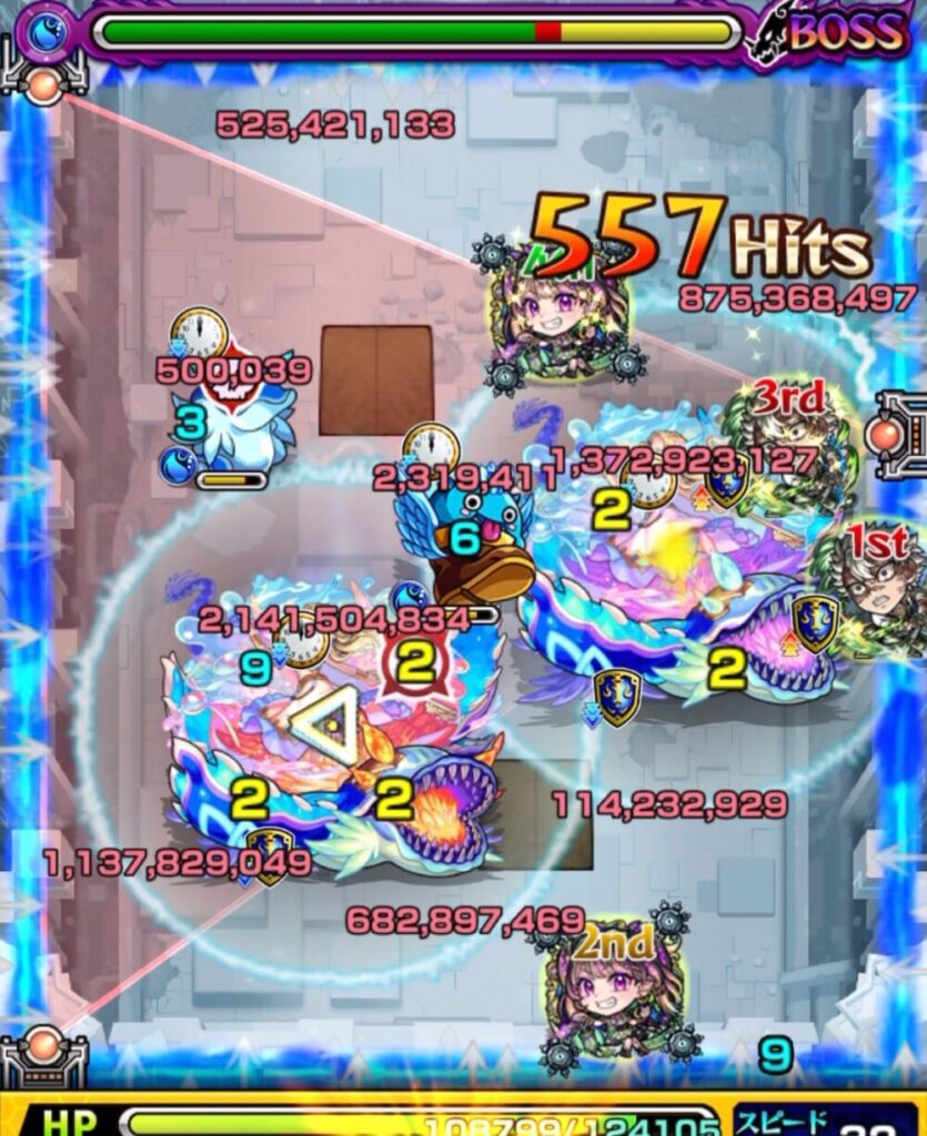 ボスステージ2の1手目後、守護獣「パック」の効果で敵の行動が遅延。ウミウシとぷよりんの処理に成功し、強攻撃を回避して安全な盤面を確保した。